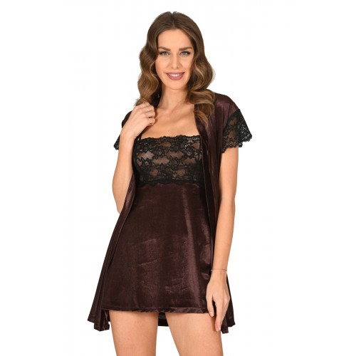 Kahverengi Kadife Sabahlık & Gecelik Takım 2' Li - 1429 - Beden S/M Kahverengi Kadife Sabahlık & Gecelik Takım 2' Li - 1429 - Beden S/M