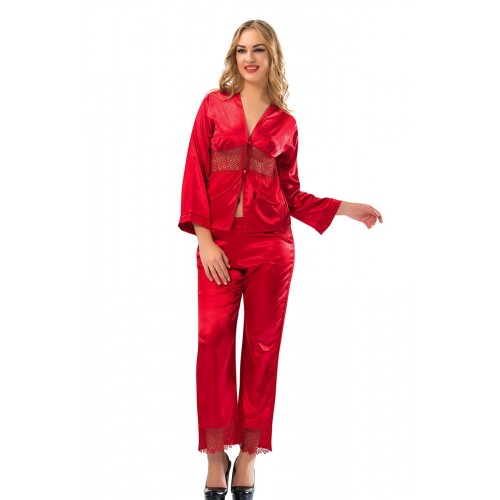 Kırmızı Saten Pijama Takımı - 1601 - Beden L Kırmızı Saten Pijama Takımı - 1601 - Beden L