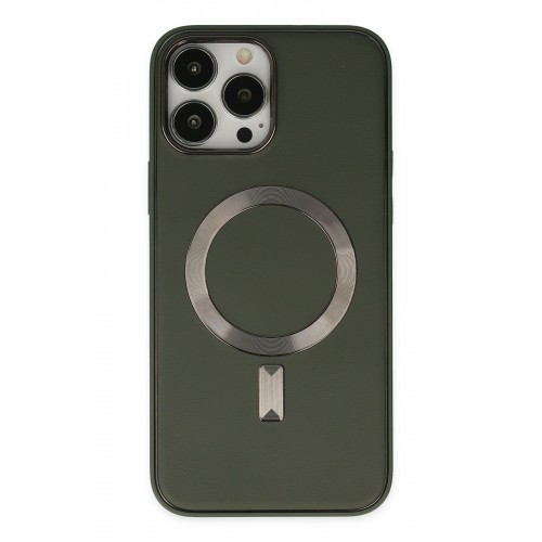 Newface iPhone 13 Pro Max Kılıf Coco Deri Magneticsafe Silikon - Haki Yeşil