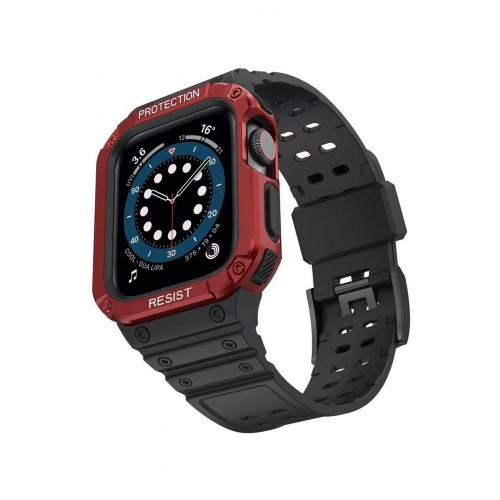 Newface Apple Watch 42mm KR401 Silikon Kordon - Siyah-Kırmızı