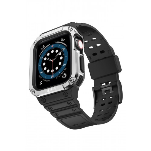 Newface Apple Watch 44mm KR401 Silikon Kordon - Siyah-Gümüş