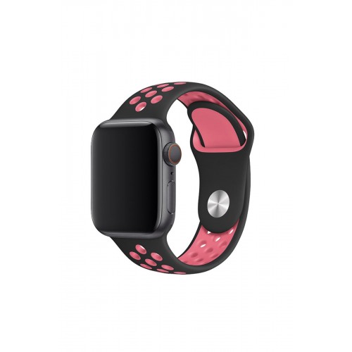 Newface Apple Watch 38mm Spor Delikli Kordon - Siyah-Pembe