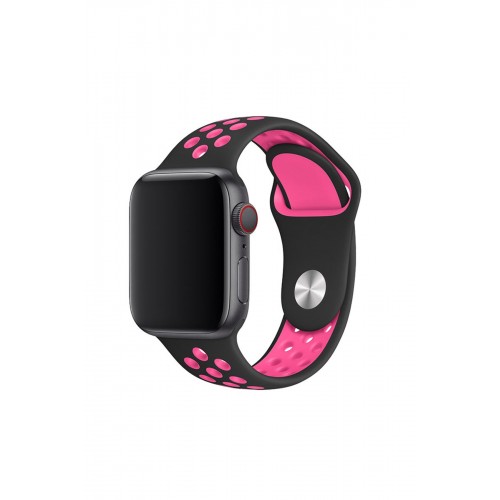 Newface Apple Watch 38mm Spor Delikli Kordon - Siyah-Koyu Pembe