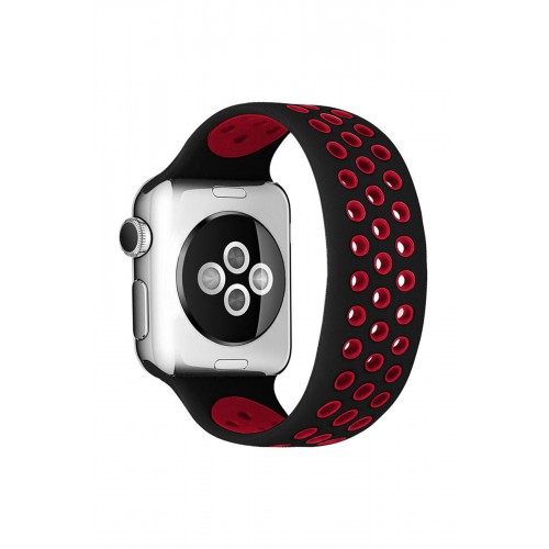 Newface Apple Watch 42mm Ayarlı Delikli Silikon Kordon - Siyah-Kırmızı