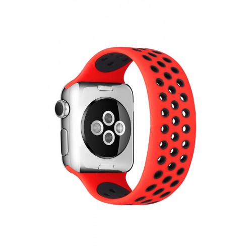 Newface Apple Watch 42mm Ayarlı Delikli Silikon Kordon - Kırmızı-Siyah