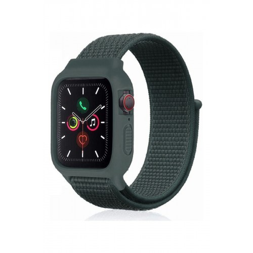 Newface Apple Watch 38mm Hasırlı Cırtcırtlı Kasalı Kordon - Haki Yeşil