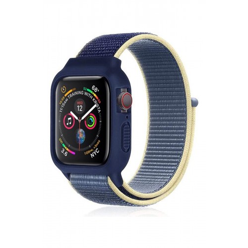 Newface Apple Watch 38mm Hasırlı Cırtcırtlı Kasalı Kordon - Sarı-Lacivert Newface Apple Watch 38mm Hasırlı Cırtcırtlı Kasalı Kordon - Sarı-Lacivert