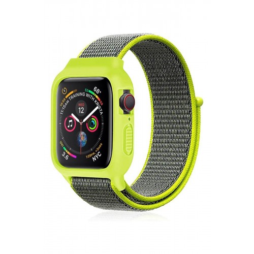 Newface Apple Watch 40mm Hasırlı Cırtcırtlı Kasalı Kordon - Yeşil