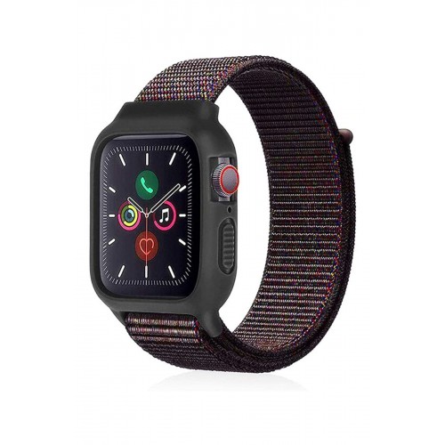 Newface Apple Watch 40mm Hasırlı Cırtcırtlı Kasalı Kordon - Siyah-Mavi Newface Apple Watch 40mm Hasırlı Cırtcırtlı Kasalı Kordon - Siyah-Mavi