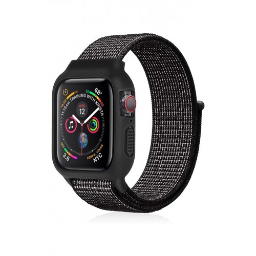 Newface Apple Watch 41mm Hasırlı Cırtcırtlı Kasalı Kordon - Benekli Siyah Newface Apple Watch 41mm Hasırlı Cırtcırtlı Kasalı Kordon - Benekli Siyah