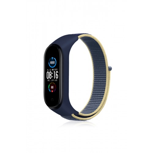 Newface Xiaomi Mi Band 5 Hasırlı Cırtcırtlı Kordon - Sarı-Lacivert