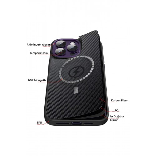 Newface iPhone 14 Pro Max Kılıf Harbon Magneticsafe Karbon Kapak - Derin Mor Newface iPhone 14 Pro Max Kılıf Harbon Magneticsafe Karbon Kapak - Derin Mor
