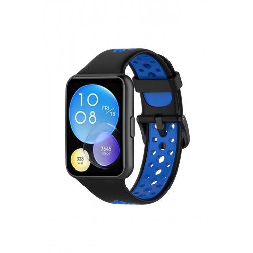 Newface Huawei Watch Fit 2 Spor Delikli Kordon - Siyah-Mavi Newface Huawei Watch Fit 2 Spor Delikli Kordon - Siyah-Mavi