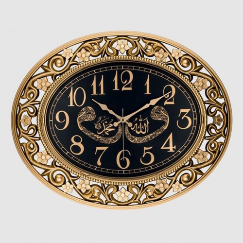 DUVAR SAATİ AKRİLİK ESKİTME BOYA, ALLAH-MUHAMMED-VAV ÇAP:60X50CM ABS, AKAR SANİYE, ÖZEL KABARTMA