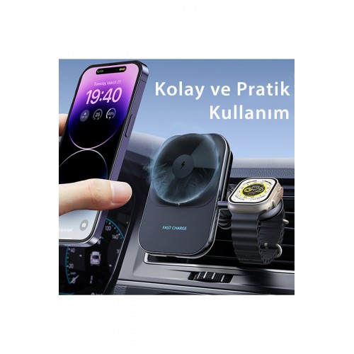 Newface S15 2in1 Izgara Klipsli 15W Telefon ve 5W Apple Watch Kablosuz Şarj Destekli Soğutucu Fanlı Manyetik Magsafe Araç Tutucu - Siyah Newface S15 2in1 Izgara Klipsli 15W Telefon ve 5W Apple Watch Kablosuz Şarj Destekli Soğutucu Fanlı Manyetik Magsafe Araç Tutucu - Siyah