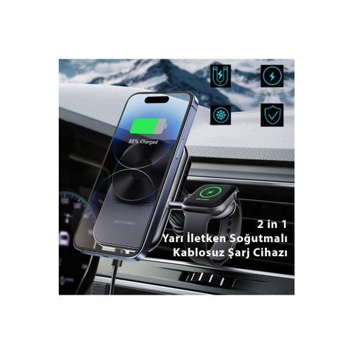 Newface S15 2in1 Izgara Klipsli 15W Telefon ve 5W Apple Watch Kablosuz Şarj Destekli Soğutucu Fanlı Manyetik Magsafe Araç Tutucu - Siyah Newface S15 2in1 Izgara Klipsli 15W Telefon ve 5W Apple Watch Kablosuz Şarj Destekli Soğutucu Fanlı Manyetik Magsafe Araç Tutucu - Siyah
