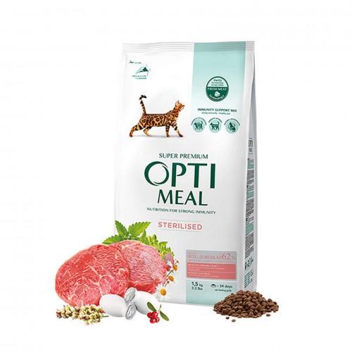 Optimeal Süper Premium Dana Etli-Sorgumlu Kısır Kedi Maması 1,5 Kg Optimeal Süper Premium Dana Etli-Sorgumlu Kısır Kedi Maması 1,5 Kg