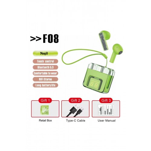 Karler Bass F08 Dijital Şarj Göstergeli TWS Bluetooth Kulaklık - Yeşil Karler Bass F08 Dijital Şarj Göstergeli TWS Bluetooth Kulaklık - Yeşil