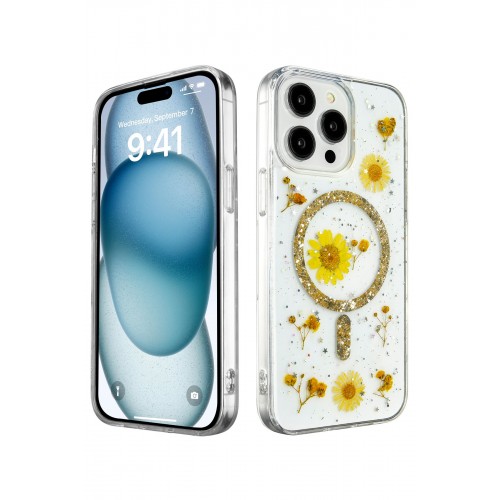 Newface iPhone 14 Pro Max Kılıf Daisy Simli Magsafe Kapak - Gold