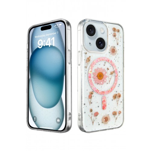 Newface iPhone 15 Kılıf Daisy Simli Magsafe Kapak - Pembe