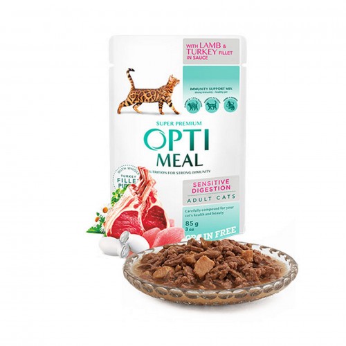 OPTIMEAL HINDILI KUZULU TAHILSIZ SENSITIVE DIGESTION YAŞ KEDI MAMASI 85 GR X 6 ADET