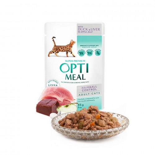 OPTIMEAL ÖRDEK CIĞERLI ELMA JÖLELI HAIRBALL CONTROL YAŞ KEDI MAMASI 85 GR X 6 ADET