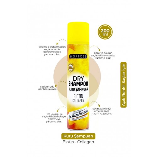 Morfose Kuru Şampuan Açık Renkli Saçlar İçin Biotin Collagen İçerikli Kalıntı Bırakmaz Morfose Kuru Şampuan Açık Renkli Saçlar İçin Biotin Collagen İçerikli Kalıntı Bırakmaz