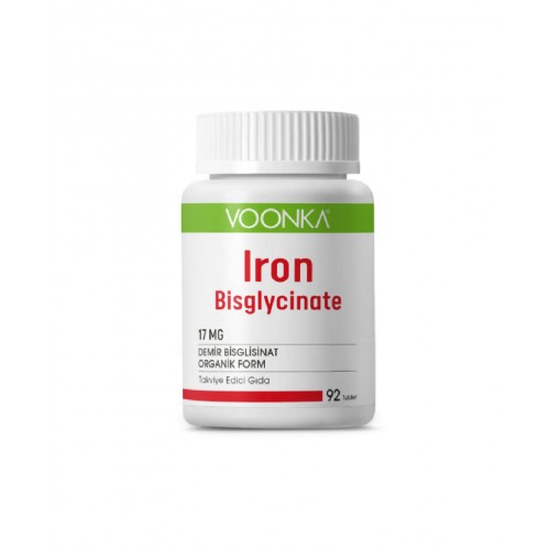 Voonka Iron Bisglycinate 92 Tablet | Enerji Seviyelerini Artırmaya ve Genel Sağlığı Desteklemeye Yardımcı Demir Takviye Edici Gıda