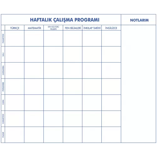 Statik Kağıt 5-6-7-8.Sınıf Haftalık Ders Çalışma Programı 100 CM X 120 CM Statik Kağıt 5-6-7-8.Sınıf Haftalık Ders Çalışma Programı 100 CM X 120 CM