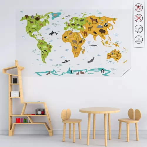 Statik Kağıt Hayvanlı Dünya Haritası Şeffaf ( Model-3) 98 CM X 140 CM
