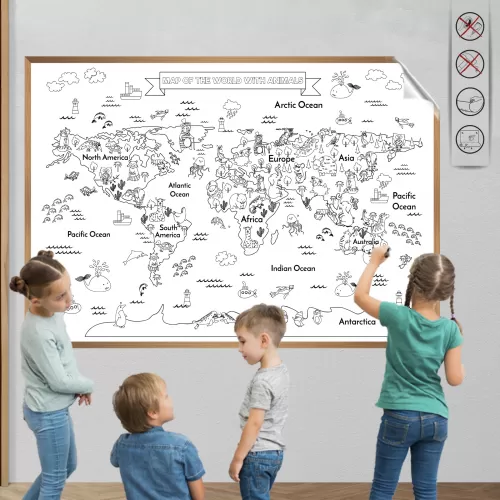 Statik Kağıt Hayvanlı Dünya Haritası Boyama  66 CM X 98 CM 