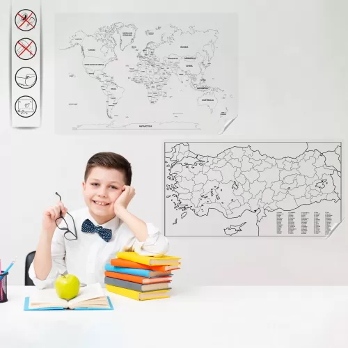 Statik Kağıt Renksiz Türkiye Dünya Harita Seti 56 CM X 110 CM Statik Kağıt Renksiz Türkiye Dünya Harita Seti 56 CM X 110 CM