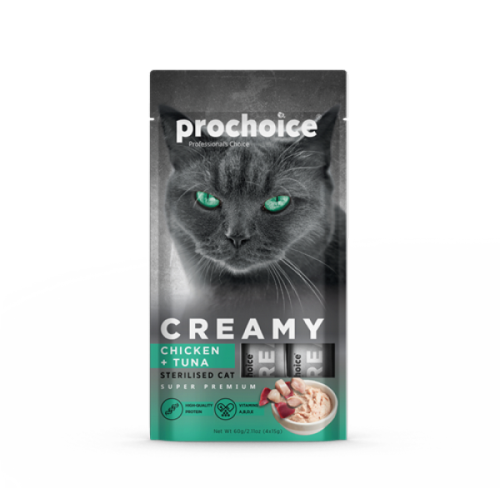 Prochoice Creamy Kısırlaştırılmış Kediler İçin Tavuklu ve Tuna Balıklı Sıvı Ödül Maması 4x15 gr X 12 ADET