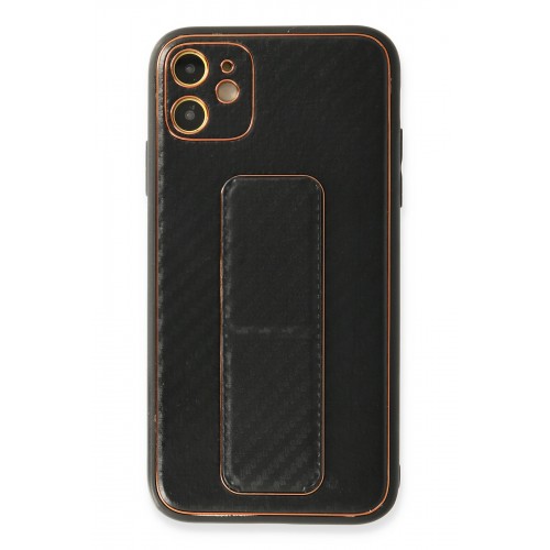 Newface iPhone 12 Kılıf Coco Karbon Standlı Kapak  - Siyah