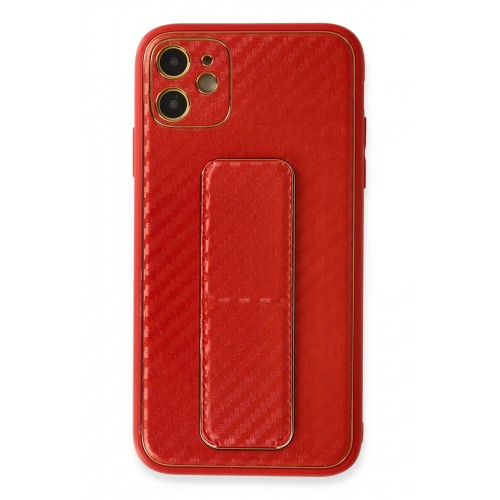 Newface iPhone 12 Kılıf Coco Karbon Standlı Kapak  - Kırmızı