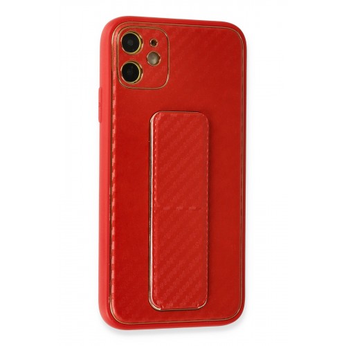 Newface iPhone 12 Kılıf Coco Karbon Standlı Kapak - Kırmızı Newface iPhone 12 Kılıf Coco Karbon Standlı Kapak - Kırmızı