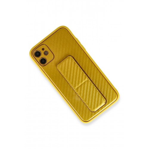 Newface iPhone 12 Kılıf Coco Karbon Standlı Kapak - Sarı Newface iPhone 12 Kılıf Coco Karbon Standlı Kapak - Sarı