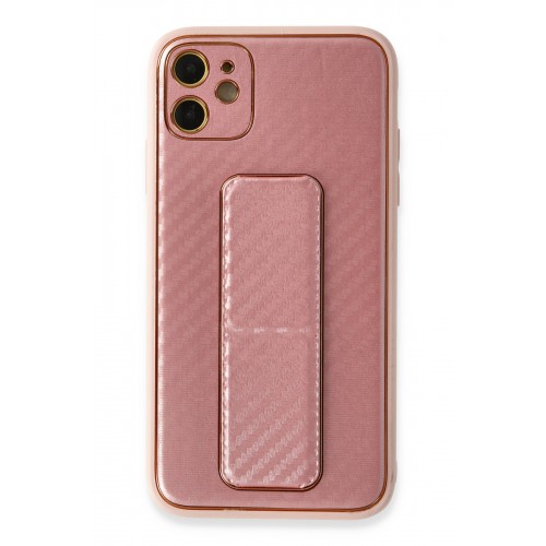 Newface iPhone 12 Kılıf Coco Karbon Standlı Kapak - Pembe Newface iPhone 12 Kılıf Coco Karbon Standlı Kapak - Pembe