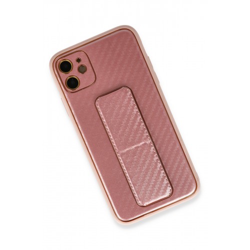 Newface iPhone 12 Kılıf Coco Karbon Standlı Kapak - Pembe Newface iPhone 12 Kılıf Coco Karbon Standlı Kapak - Pembe