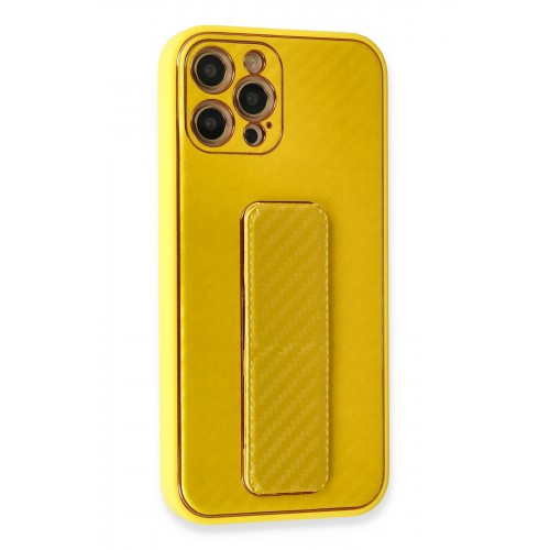 Newface iPhone 12 Pro Kılıf Coco Karbon Standlı Kapak - Sarı Newface iPhone 12 Pro Kılıf Coco Karbon Standlı Kapak - Sarı