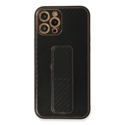 Newface iPhone 12 Pro Max Kılıf Coco Karbon Standlı Kapak  - Siyah