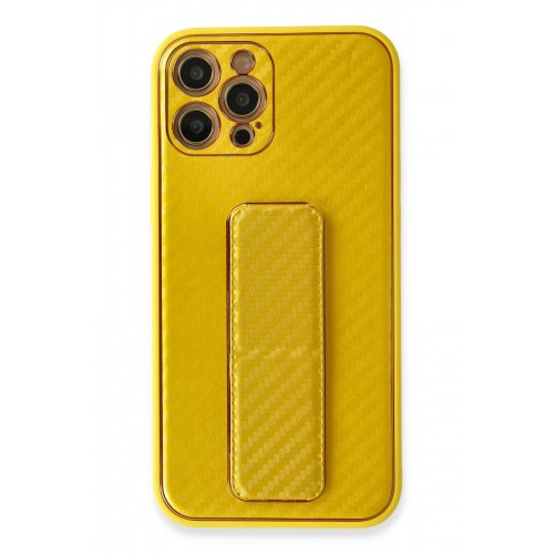 Newface iPhone 12 Pro Max Kılıf Coco Karbon Standlı Kapak - Sarı Newface iPhone 12 Pro Max Kılıf Coco Karbon Standlı Kapak - Sarı