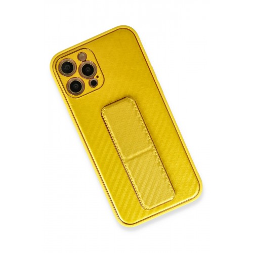 Newface iPhone 12 Pro Max Kılıf Coco Karbon Standlı Kapak - Sarı Newface iPhone 12 Pro Max Kılıf Coco Karbon Standlı Kapak - Sarı