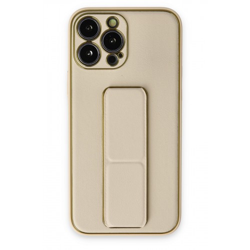 Newface iPhone 13 Pro Kılıf Coco Deri Standlı Kapak - Gold